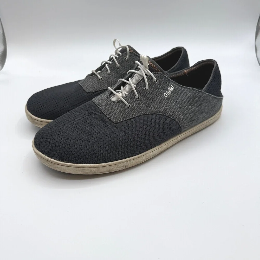 OluKai Nohea Moku Mens Sneakers 10 Black Gray Mesh Boat Shoe Slip On Drop Heel